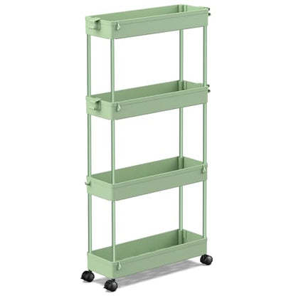Slim Rolling Storage Cart 4 Tier Bathroom Organizer Utility Cart Mobile Shelving Unit Tower Rack for Kitchen, Laundry Room, Bathroom, Narrow Places, Green