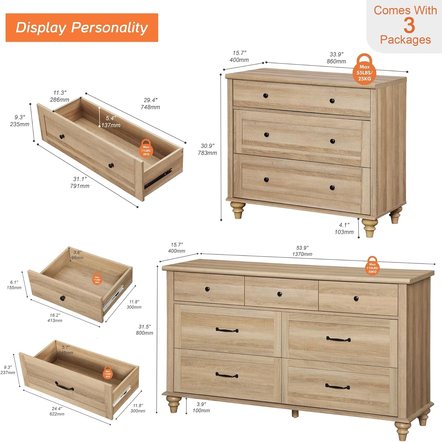3 Piece Bedroom Set - Includes Farmhouse 7 Drawer Dresser, Set of 2 Bedside Tables with 3 Drawers, 3 Piece Dresser and Nightstand Sets, Oak