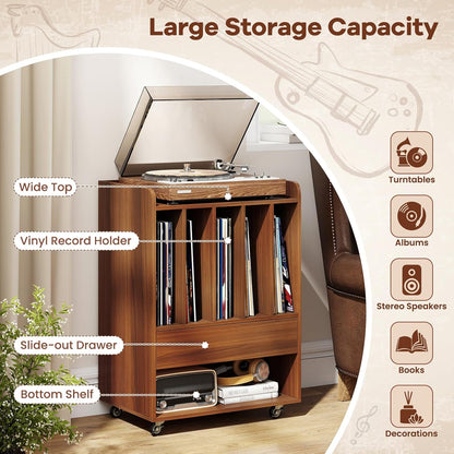 Record Player Stand, Rolling Turntable Stand with Drawer & Lockable Wheels, Record Player Table Holds up to 150 Albums, Vinyl Record Storage for Living Room Bedroom, Walnut