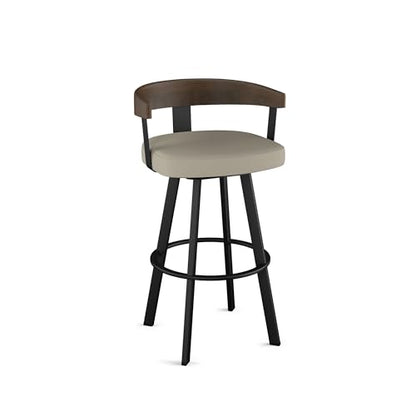 Lars 26" Swivel Counter Height Barstool, Upholstered Stool with Solid Wood Back and Arms for Kitchen Island or Bar, Drees Stool, Greige Faux Leather/Brown Wood/Black Metal
