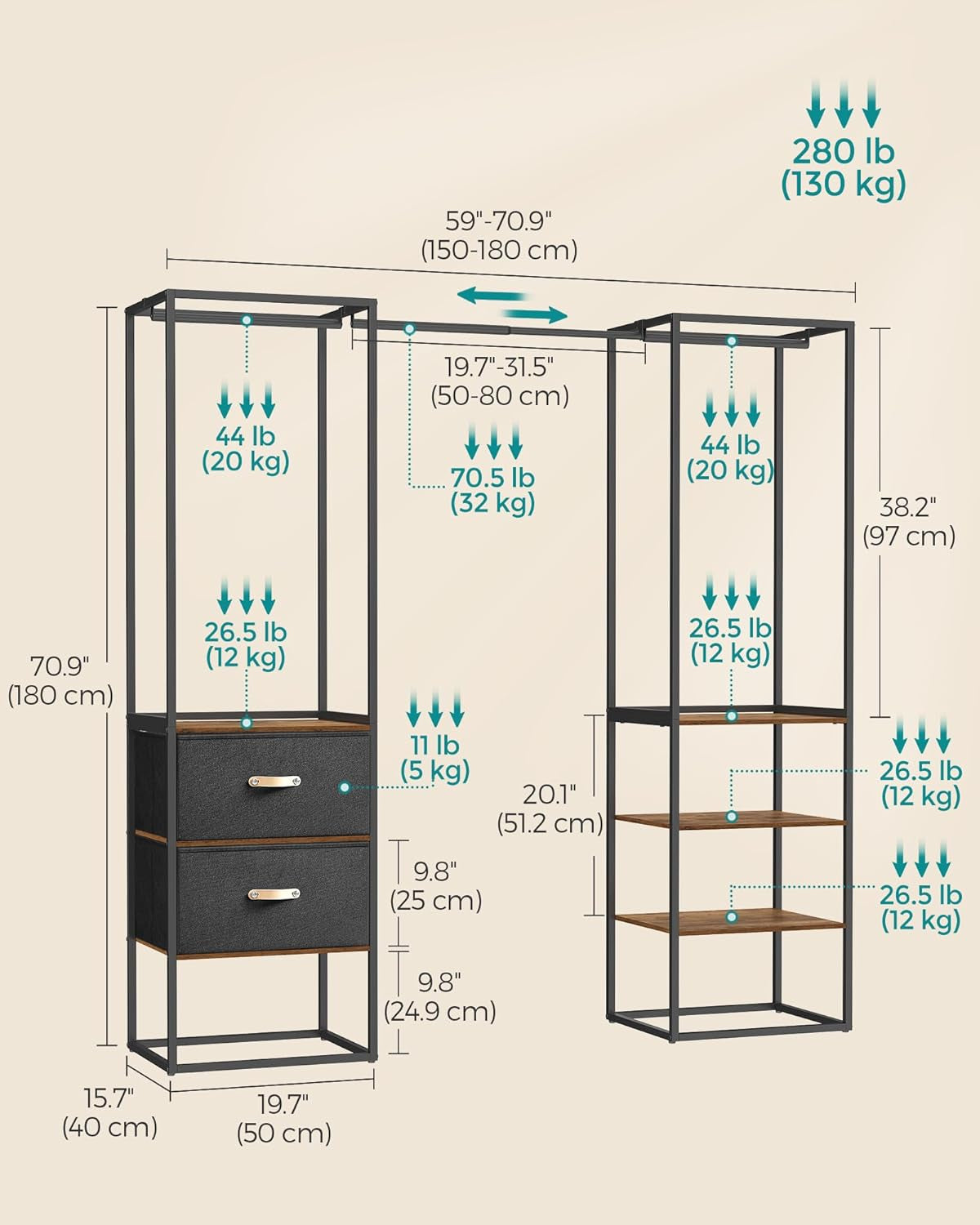 Clothes Rack, 70.9 Inch Wardrobe Freestanding Closet, Heavy Duty Garment Rack with 1 Extendable Hanging Rod, 2 Drawers and 4 Shelves, for Bedroom, Space-Saving, Rustic Brown URGR003B01