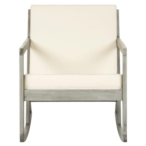 SAFAVIEH Outdoor - Vernon Rocking Chair - Grey & Beige - Solid Wood with Cushion - Shaker-Inspired Slatted Design - Ideal for Patio, Deck, Porch, Backyard, 24.6" Seat Height (PAT7013E)