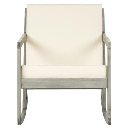SAFAVIEH Outdoor - Vernon Rocking Chair - Grey & Beige - Solid Wood with Cushion - Shaker-Inspired Slatted Design - Ideal for Patio, Deck, Porch, Backyard, 24.6" Seat Height (PAT7013E)