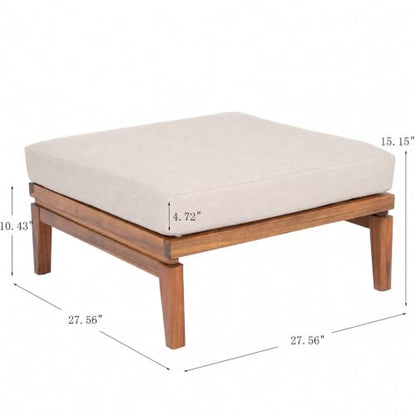 Ellie Outdoor Ottoman with Water-Repellent Cushion, Acacia Wood Patio Ottoman, Outdoor Foot Stool for Patio Furniture Set, Versatile Stools for Balcony Garden, Beige+Teak
