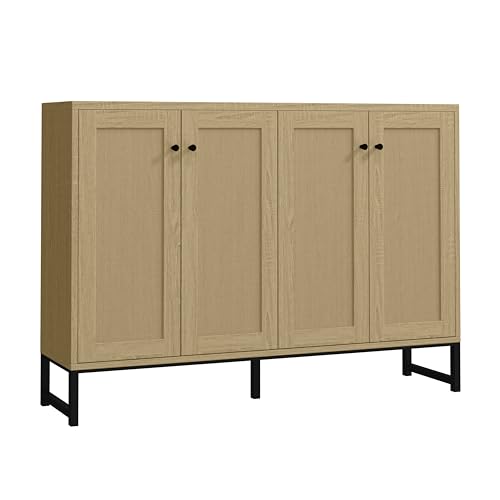 Sideboard Accent Storage Cabinet with Rattan Decorated 4 Doors Dining Room Freestanding Kitchen Buffet Table Cupboard (Natural)