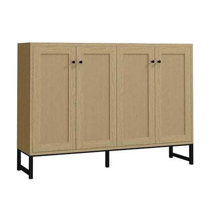 Sideboard Accent Storage Cabinet with Rattan Decorated 4 Doors Dining Room Freestanding Kitchen Buffet Table Cupboard (Natural)