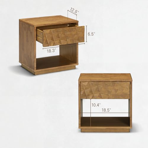 Sapa Solid Wood Nightstand with 3D Carved Drawer Front – Modern Bedside Table with Open Shelf, Easy Assembled - Teak Look