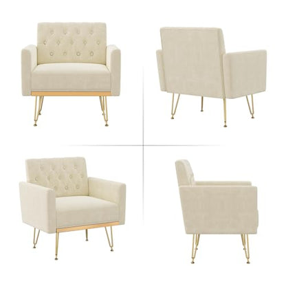 Accent Chair with Arm for Living Room, Velvet Modern Armchair Single Sofa Cozy Tufted Upholstered Reading Side Chairs with Gold Metal Leg for Bedroom Decorate