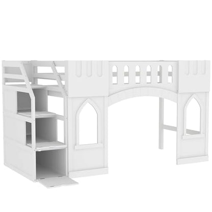 LUMISOL Kids Twin Low Loft Bed with Rails, Solid Wood Loft Bed Frame with Staircase, Window and Guardrails for Kids, No Box Spring Needed, White