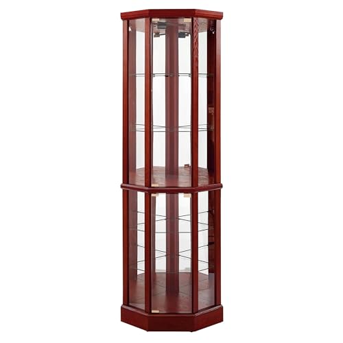 6 Shelf Lighted Corner Curio Cabinet with Adjustable Tempered Glass Shelves and Mirror Back, Cherry(E26 Light Bulb not Included)