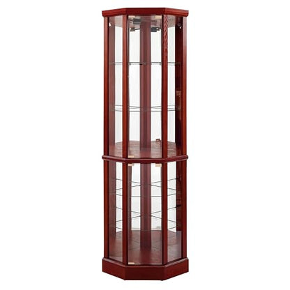 6 Shelf Lighted Corner Curio Cabinet with Adjustable Tempered Glass Shelves and Mirror Back, Cherry(E26 Light Bulb not Included)