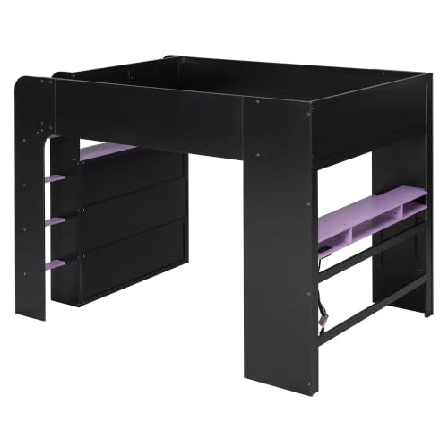 Full Size Wood Bunk Bed with Height-Adjustable Desk, Wardrobe, Open Shelves