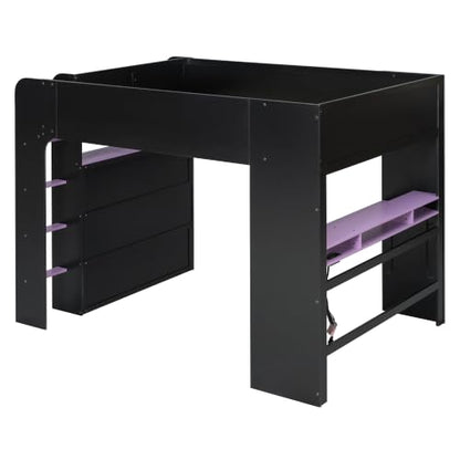 Full Size Wood Bunk Bed with Height-Adjustable Desk, Wardrobe, Open Shelves