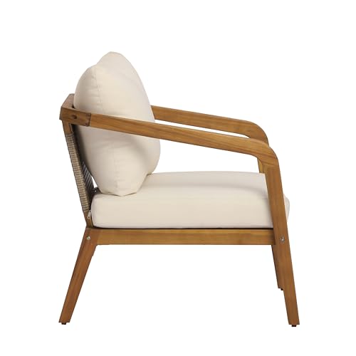 Jay Patio Lounge Chair Outdoor with Weather-Resistant Cushion, Modern Arm Chair with PE Wicker Backrest, Acacia Wood Club Chair for Outdoor Furniture, Cream+Light Brown+Teak