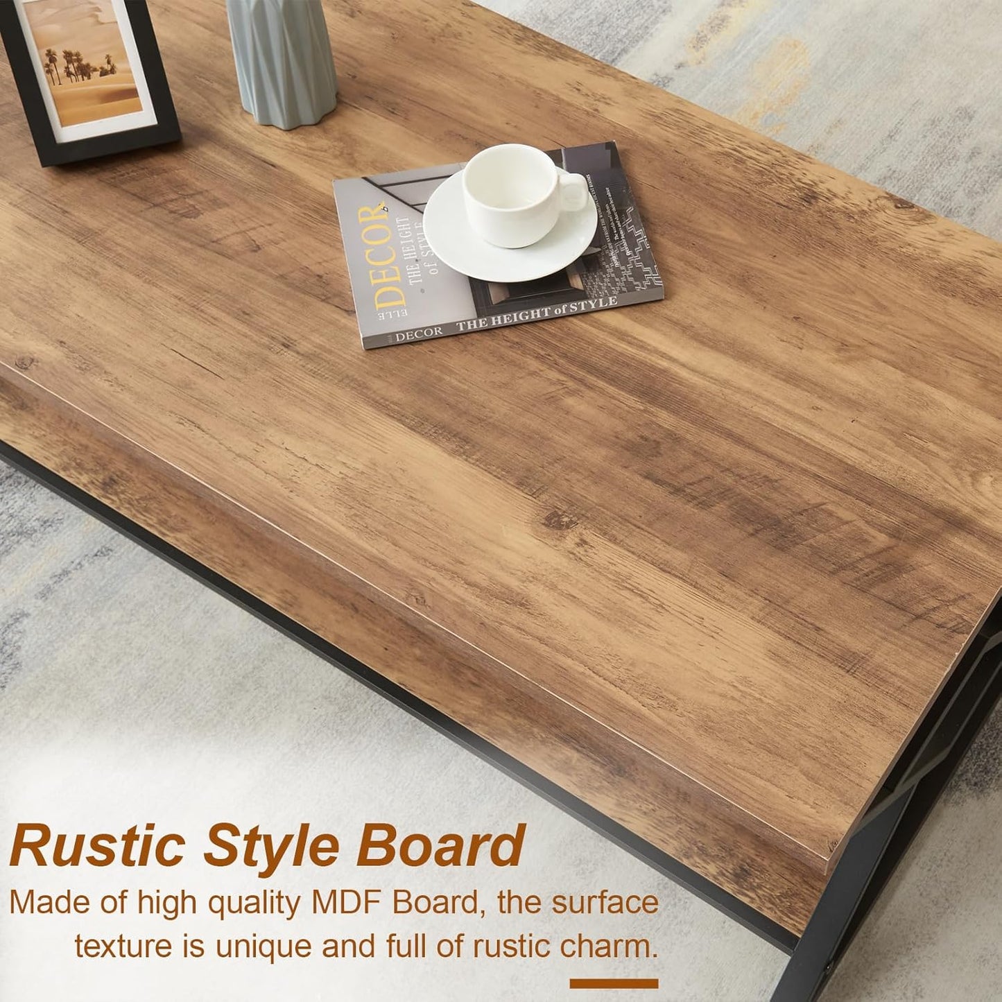 Coffee Table, Rustic Rectangle Coffee Table with 2-Tier Storage, Engineered Wood Center Table with Open Shelves, Minimalist Coffee Table for Living Room, 47 Inch, Oak Brown