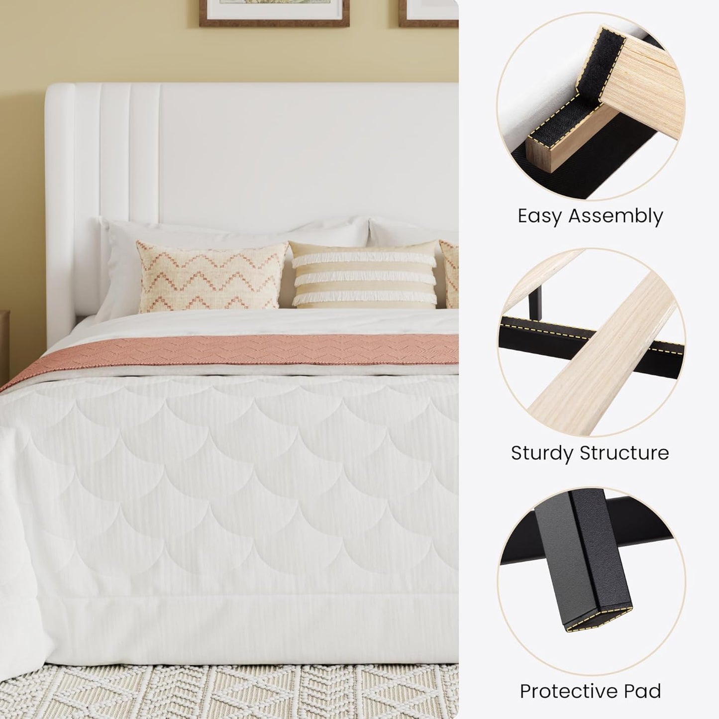 Queen Size Velvet Upholstered Platform Bed Frame with Vertical Channel Tufted Wingback Headboard, Wooden Slats Support, Easy Assembly, under Bed Storage, No Box Spring Required, White