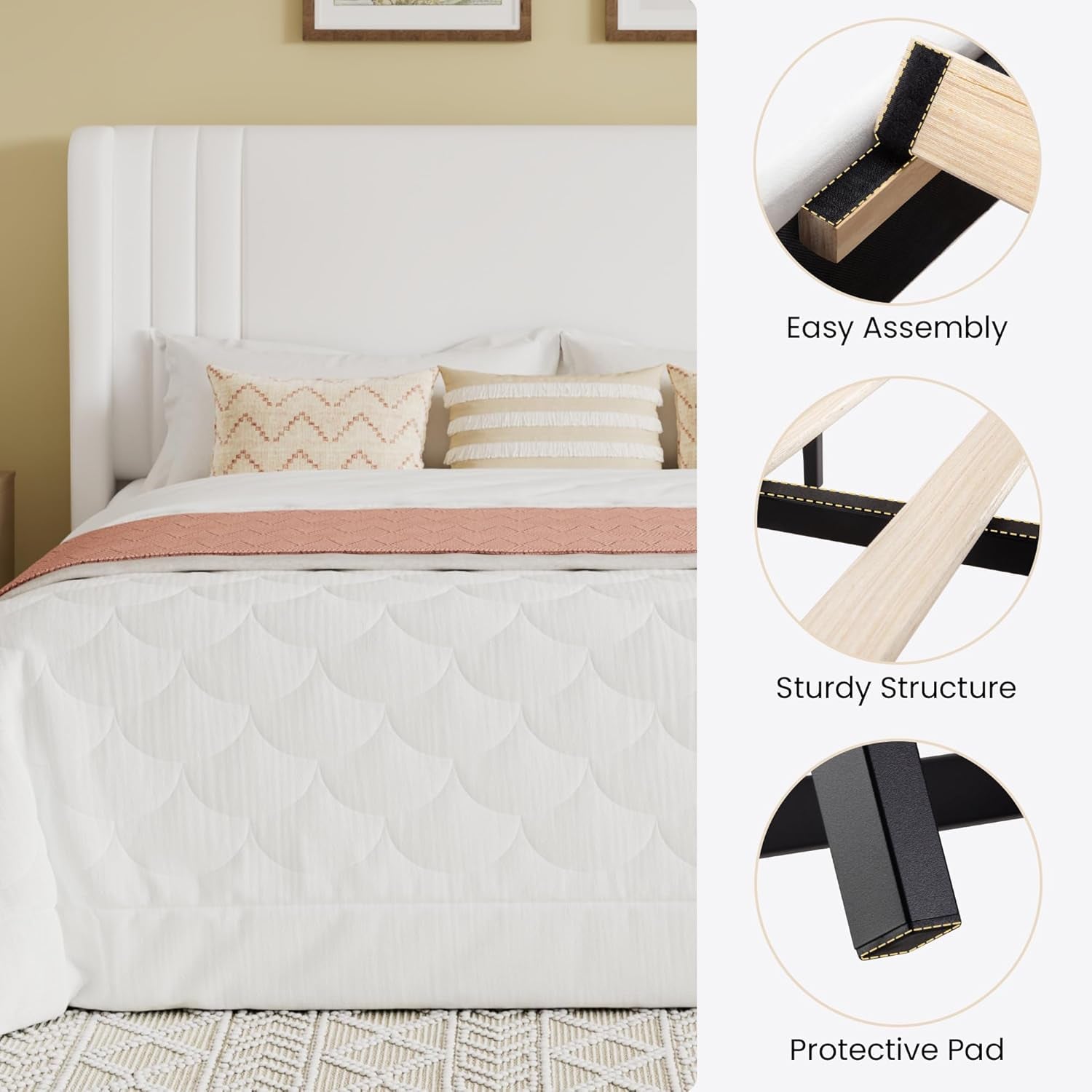 Queen Size Velvet Upholstered Platform Bed Frame with Vertical Channel Tufted Wingback Headboard, Wooden Slats Support, Easy Assembly, under Bed Storage, No Box Spring Required, White