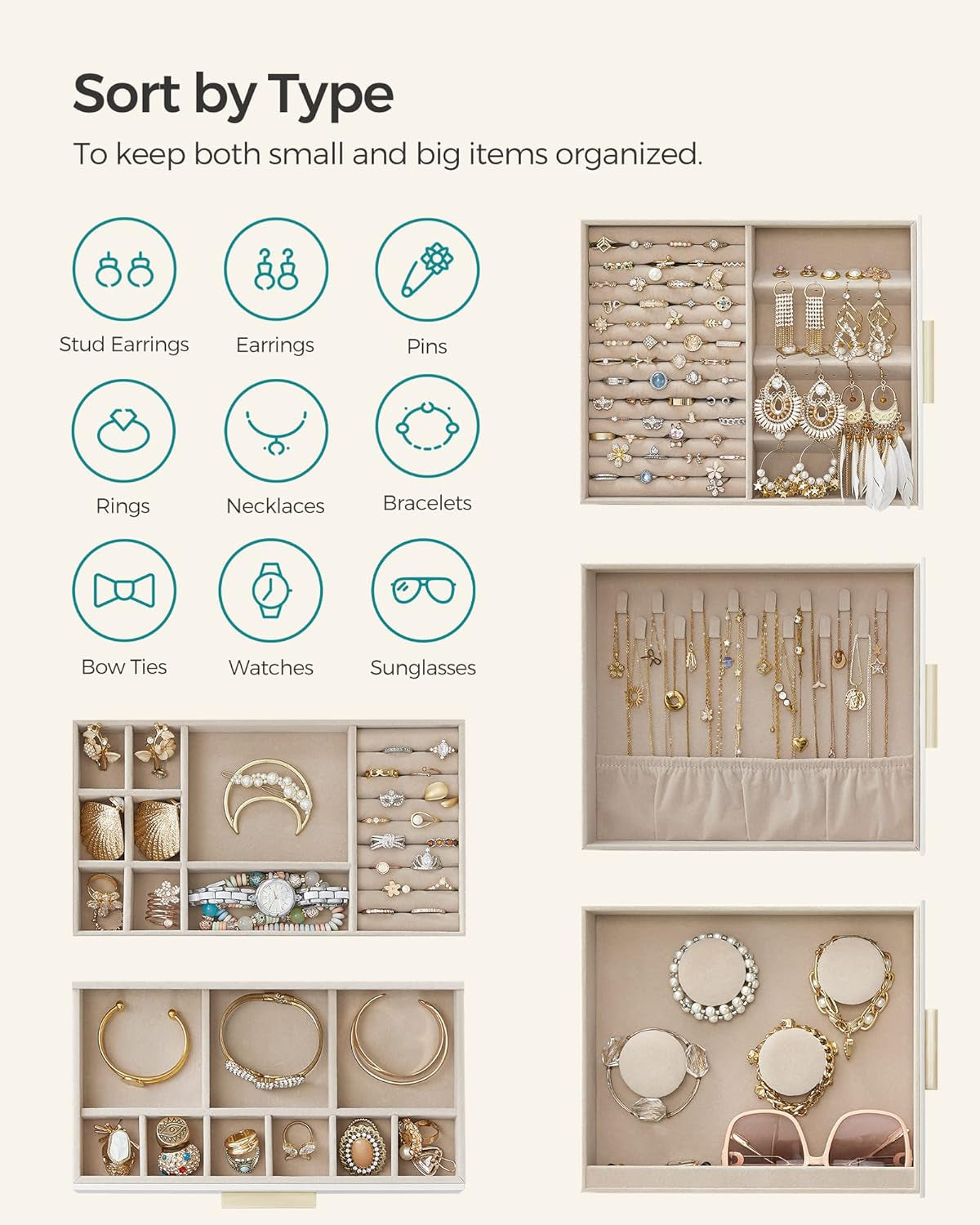 Jewelry Box with Glass Window, 5-Layer Jewelry Organizer with 3 Side Drawers, Jewelry Storage, with Big Mirror, Modern, 6.1 X 10.3 X 12.6 Inches, Cloud White and Metallic Gold UJBC162W01