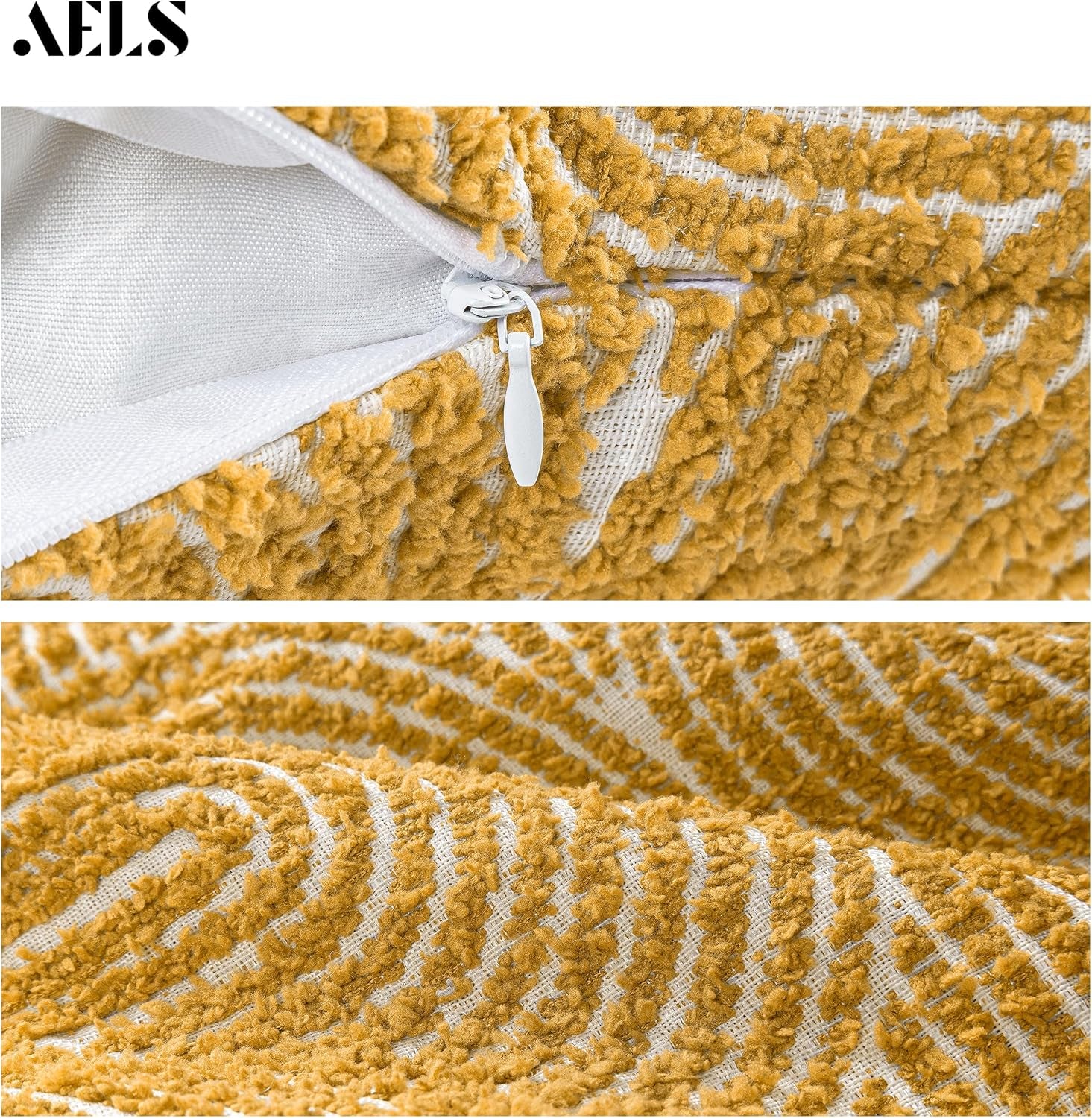 Boho Decorative Textured Throw Pillow Covers 20X20, Organic Modern Mid Century Rainbow Tufted Pillow Case, Farmhouse Rustic Geometric Woven Cushion Case for Bed Couch Sofa, Mustard Yellow