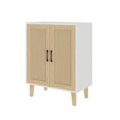 Buffet Cabinet Sideboard with Rattan Decorated Doors Kitchen Storage Cupboard Accent Cabinet (White)