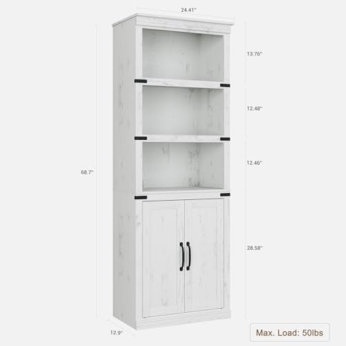 GAOMON Farmhouse Bookcases with Doors, 5 Tier Bookshelf with Storage, 70 inch Tall Bookshelf and Bookcase, Wooden Storage Cabinet for Living Room, Home, Office, Bedroom (Antique White)
