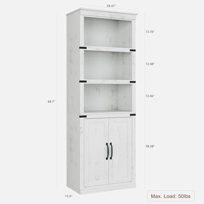 GAOMON Farmhouse Bookcases with Doors, 5 Tier Bookshelf with Storage, 70 inch Tall Bookshelf and Bookcase, Wooden Storage Cabinet for Living Room, Home, Office, Bedroom (Antique White)