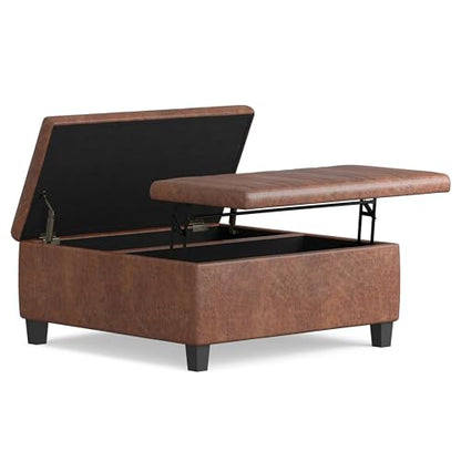 Ellis 36 inch Wide Contemporary Square Coffee Table Storage Ottoman in Distressed Saddle Brown Vegan Faux Leather, Assembled, For the Living Room and Bedroom