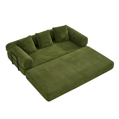 Convertible Sofa Bed, Corduroy Memory Foam Compression Sofa, Modular Floor Sofa with Pull-Out Bed, Compressed Couch Folding Sleeper Couches Bed for Living Room Bedroom Lounge, Olive Green