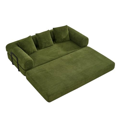 Convertible Sofa Bed, Corduroy Memory Foam Compression Sofa, Modular Floor Sofa with Pull-Out Bed, Compressed Couch Folding Sleeper Couches Bed for Living Room Bedroom Lounge, Olive Green