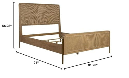 Upholstered Wood Eastern King Panel Bed, Sand Wash Natural Cane Finish, Solid Wood Rattan Construction, Mid-Century Modern Style, 56.25" H x 81.25" W x 91" D, Bedroom Furniture