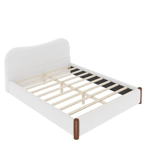 JIVOIT Queen Berber Fleece Upholstered Bed with Headboard, Wood Supporting Feet (White/Queen,30)