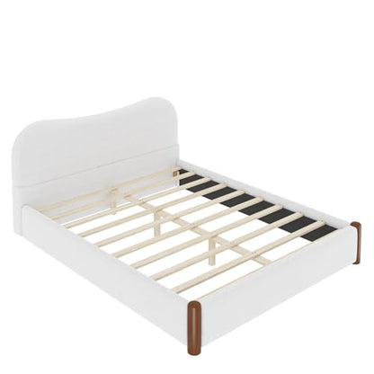JIVOIT Queen Berber Fleece Upholstered Bed with Headboard, Wood Supporting Feet (White/Queen,30)