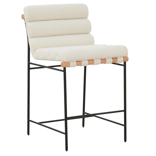 SAFAVIEH Couture Collection Macibella Ivory Boucle/Black Metal Legs Channel Tufted 25-inch Seat Height Counter Stool (Fully Assembled)