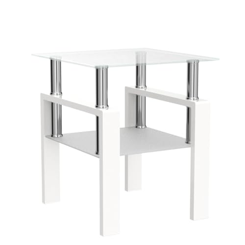 White two-tier glass top square side table with metal legs, view 5