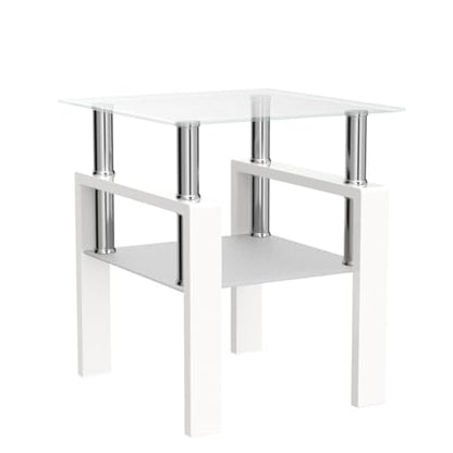 White two-tier glass top square side table with metal legs, view 5