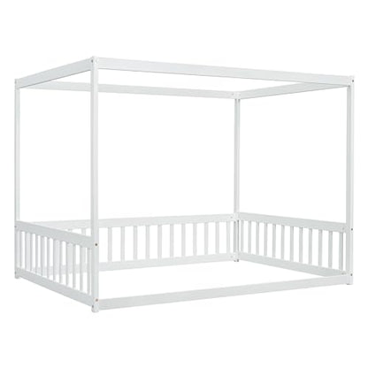 Full Size Canopy Bed Frame with Guardrails for Kids, view 6