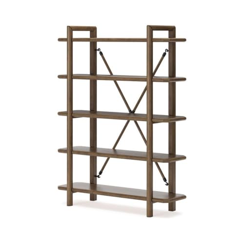 71 in Home Office Bookcase, Brown Oak Finish, Hardwood Solids and Veneer, 5 Open Shelves, Sturdy Vertical Storage, Metal Back Brace, Stylish Display for Books, Plants, Photos, Living Room