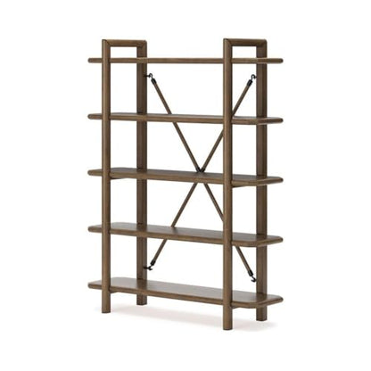 71 in Home Office Bookcase, Brown Oak Finish, Hardwood Solids and Veneer, 5 Open Shelves, Sturdy Vertical Storage, Metal Back Brace, Stylish Display for Books, Plants, Photos, Living Room