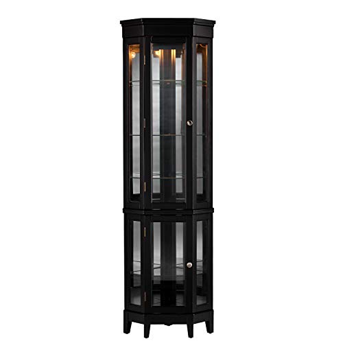 Essex Corner Curio Cabinet - Adjustable Glass Shelves - 2 Tier With Black Finish, Transitional Style Pine, Black