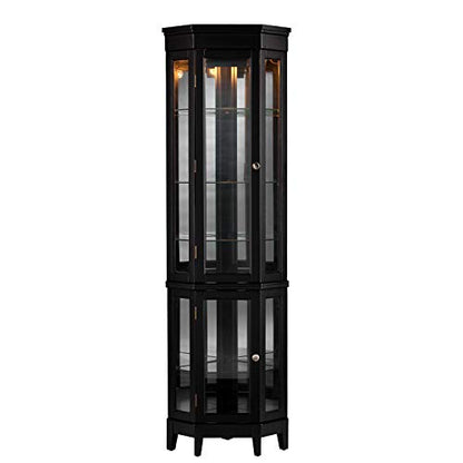 Essex Corner Curio Cabinet - Adjustable Glass Shelves - 2 Tier With Black Finish, Transitional Style Pine, Black