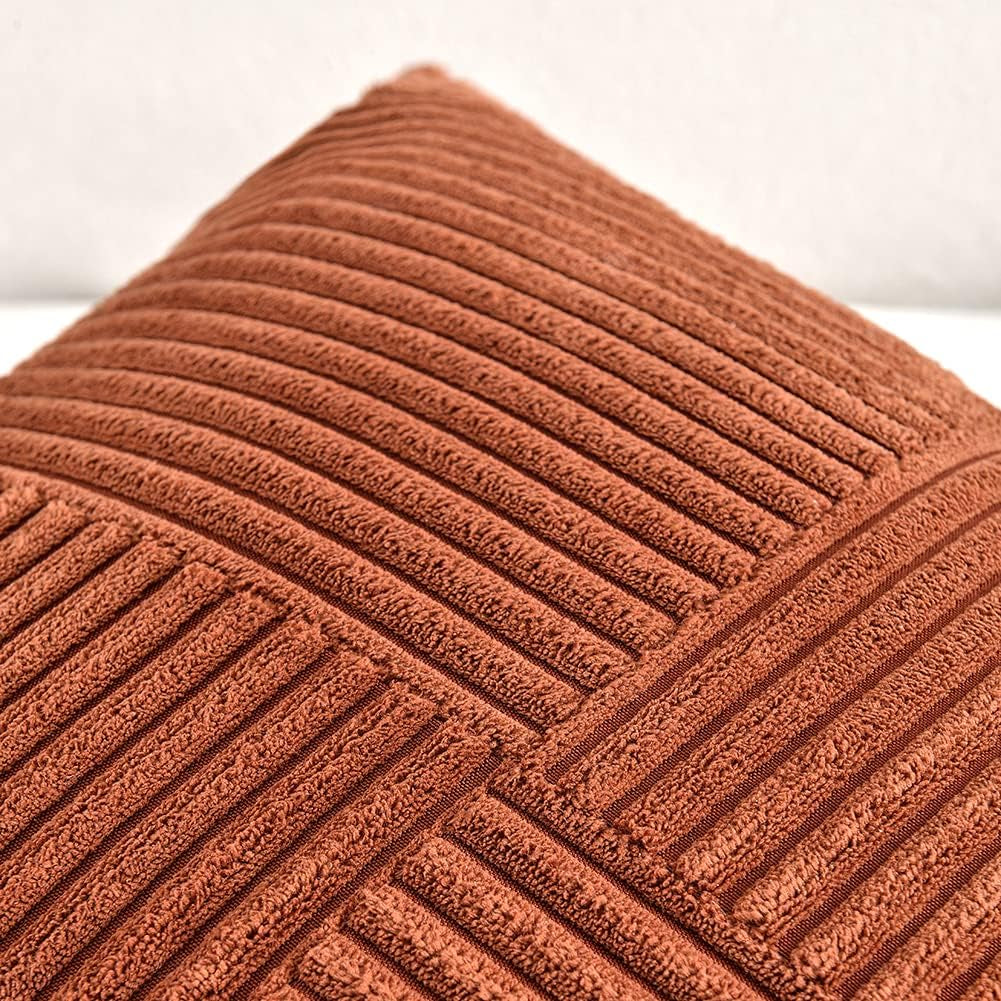 Rust Lumbar Decorative Throw Pillow Covers 12X20 Inch for Couch Bed Sofa, Rustic Farmhouse Boho Home Decor, Soft Striped Corduroy Rectangle Accent Terracotta Cushion Case 30X50 Cm
