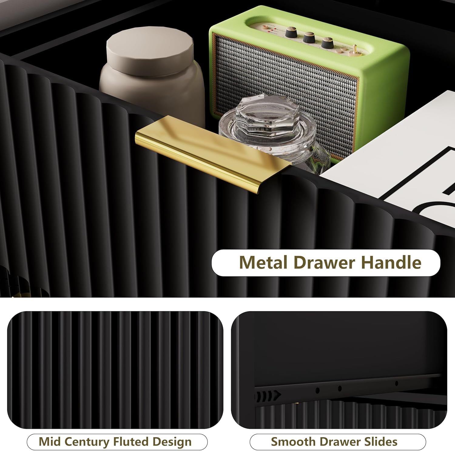 Fluted Dresser for Bedroom, 8 Drawer Dressers & Chest of Drawers, Mid Century Modern Dresser for Closet Boho Bedroom Furniture, Wooden Chests of Drawers Storage Organizer for Living Room, Black