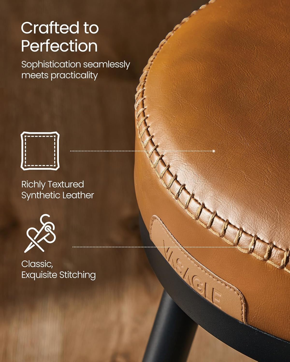 EKHO Collection - Bar Stools Set of 2, Swivel Counter Height Bar Stools with Back, Synthetic Leather with Stitching, Mid-Century Modern, 25.6-Inch Tall Barstools for Kitchen Bar, Caramel Brown