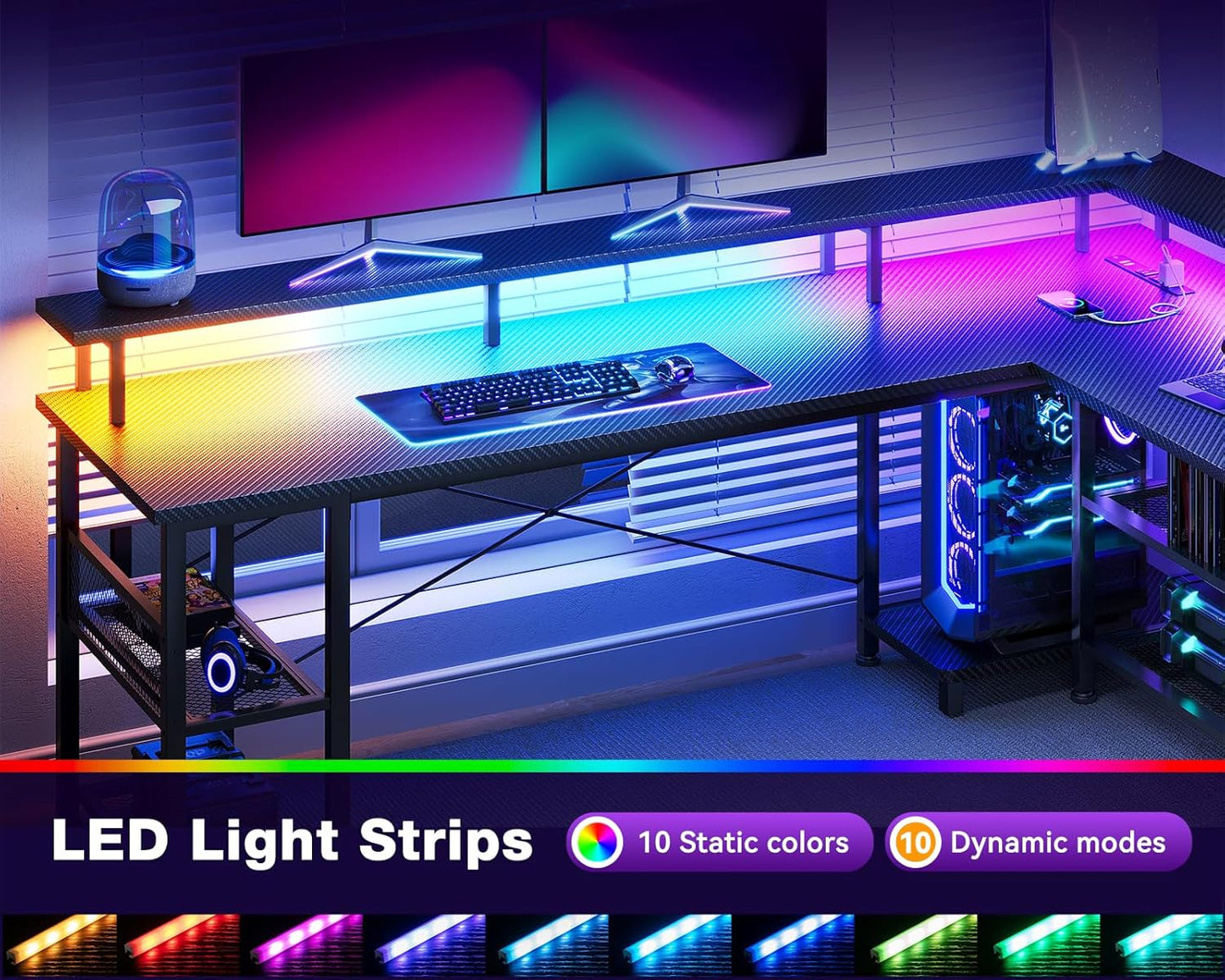 66" L Shaped Gaming Desk with Power Outlet and LED Lights, PC Gaming Table with Carbon Fiber Texture, Reversible L Shape Desk with Storage Shelves & Monitor Stand, Home Office Desk, Black