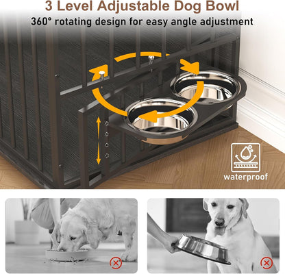 86.6" Dog Crate Furniture Large Breed TV Stand with Double Rooms, Wooden Dog Kennel Furniture with Dog Bowl, 2 Drawers and Cabinet for Large Medium Dogs, Black