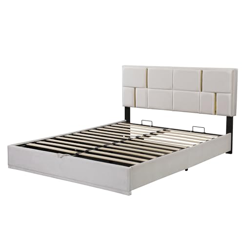 Queen Size Upholstered Bed Frame with Storage Ottoman, Hydraulic Storage Bed Frame with Headbaord and Storage Bench, 2-Piece Bedroom Furniture Set - Beige