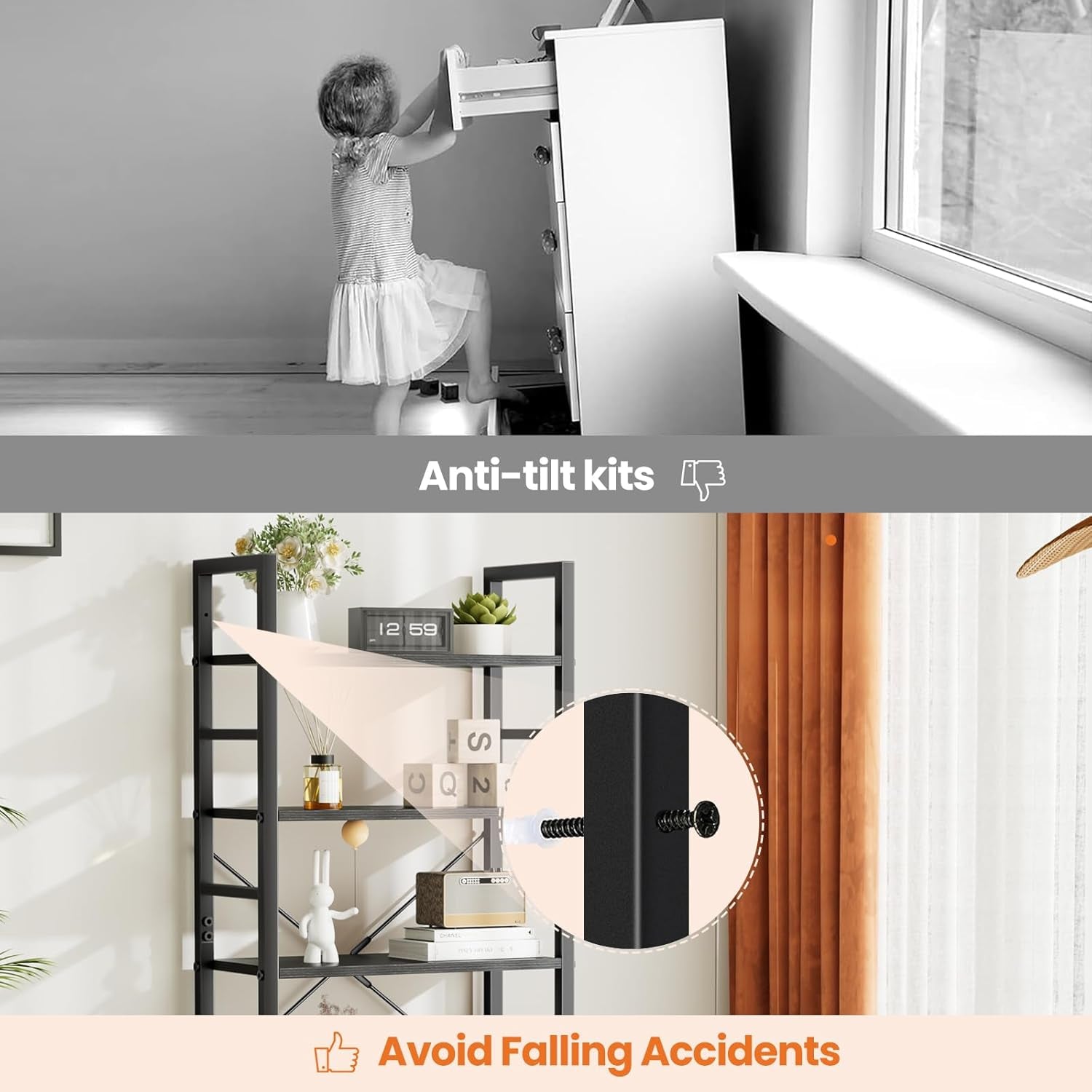 Book Shelf, 5 Tier Bookcase, Modern Tall Bookshelf for Garage Kit, Cds, Movies, Industrial Corner Storage Organizer for Bedroom Home Office Kitchen Living Room, Black