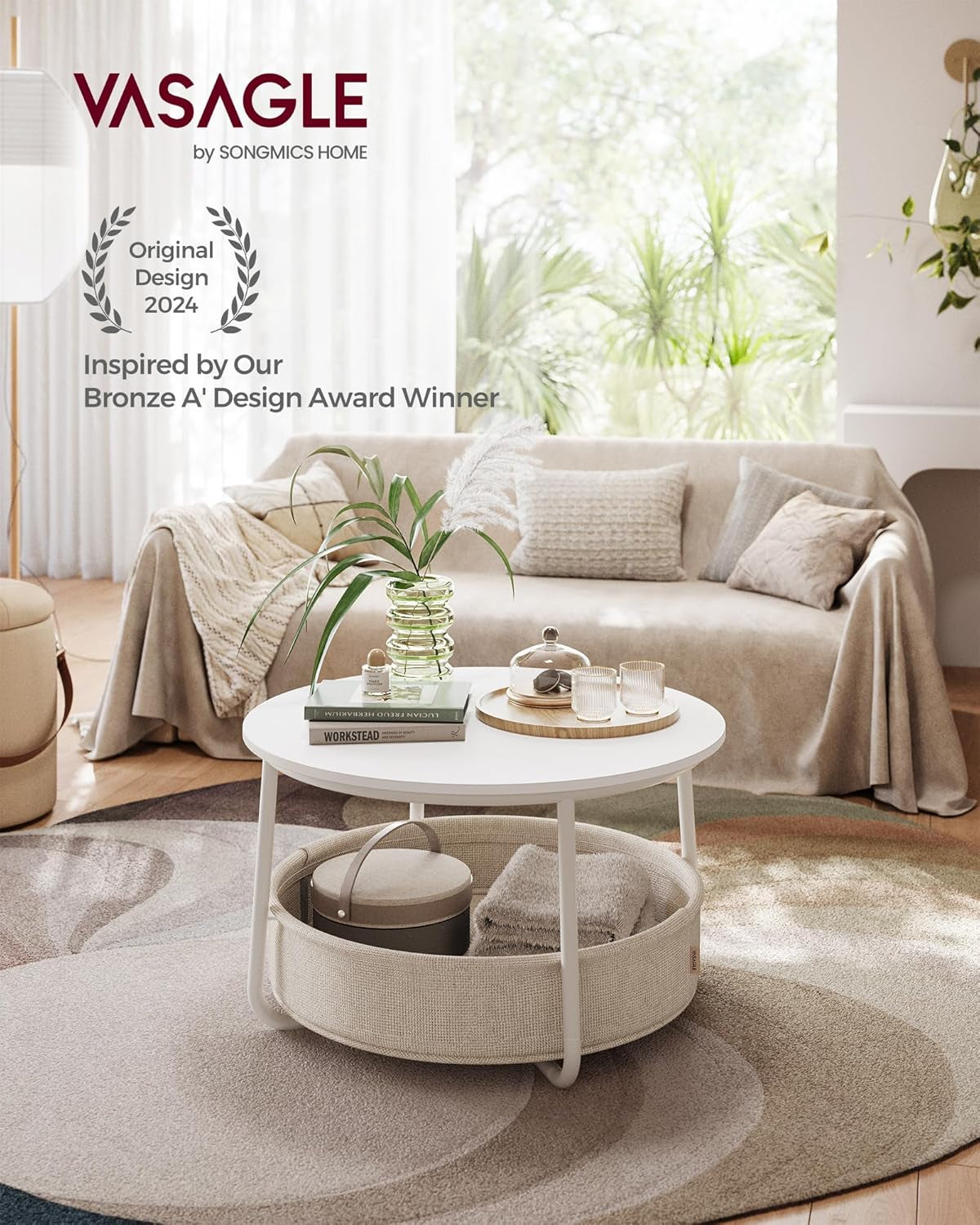 Coffee Table with Storage, round Center Table for Living Room with Fabric Basket, Modern Style, Metal Frame, Matte White and Camel Brown ULCT244W10
