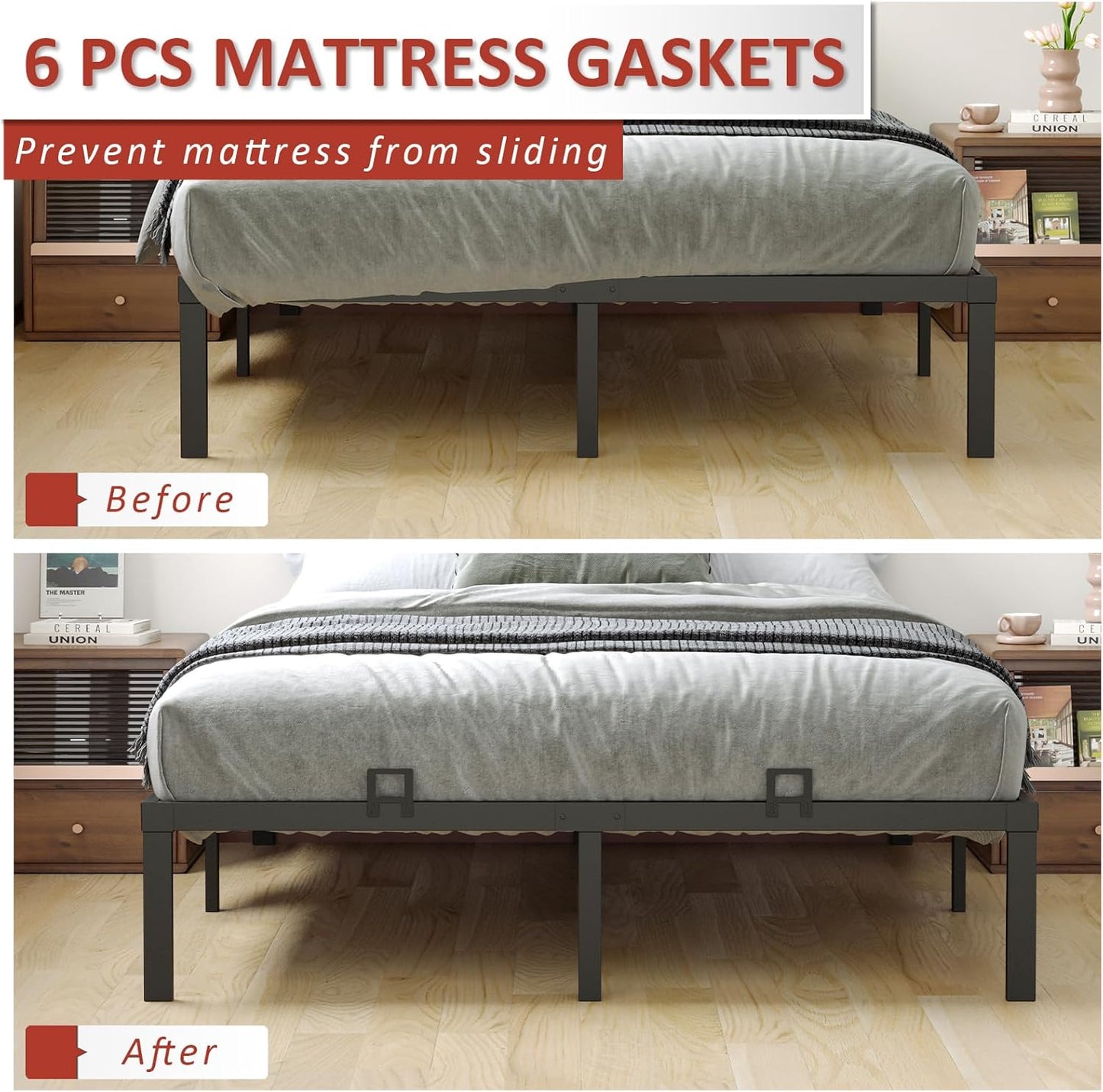 6-Pack Non-Slip Mattress Grippers for Metal Bed Frame, Heavy Duty Mattress Gaskets, Adjustable Anti-Slide Brackets, Black – Includes Screws & Allen Wrench