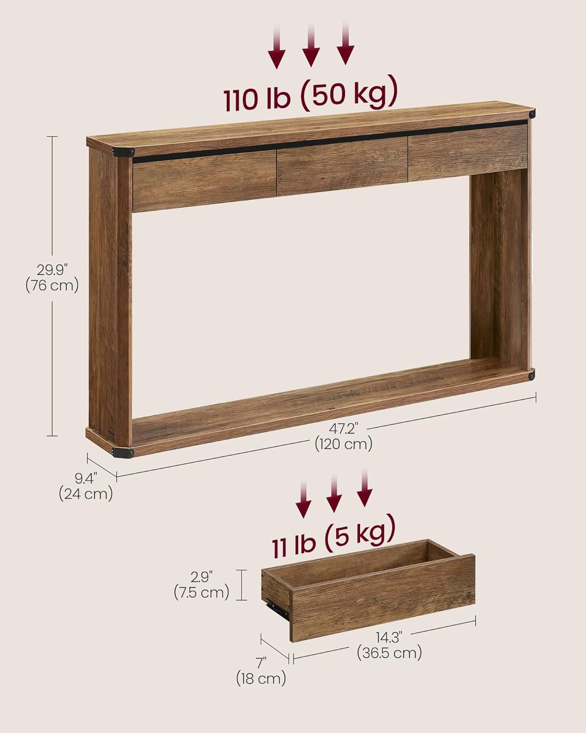 Console Table, 47.2 Inches Sofa Table, Narrow Entryway with 3 Drawers, Bottom Shelf, Metal Corners, for Living Room, Bedroom, Farmhouse Style, Honey Brown ULNT143K41
